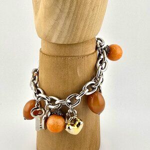 Silver Tone Charm Bracelet with Heart Locks, Keys & Carnelian Beads 7-8.5" Long